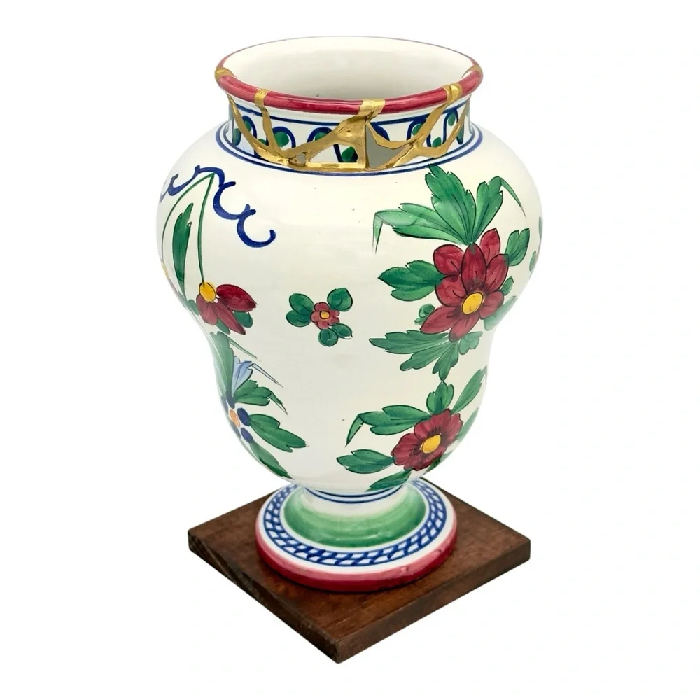 Kintsugi Vase Italian Majolica Pottery Gold Crack Art Personal Growth Gift - Picture 8 of 17